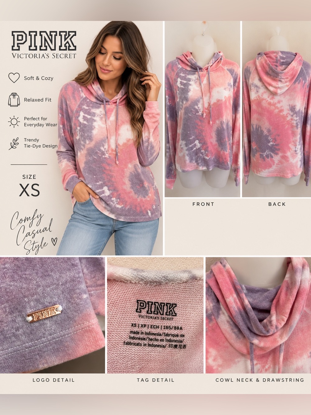 PINK Victoria's Secret Tie-Dye Cowl Neck Hoodie in Pink & Purple
